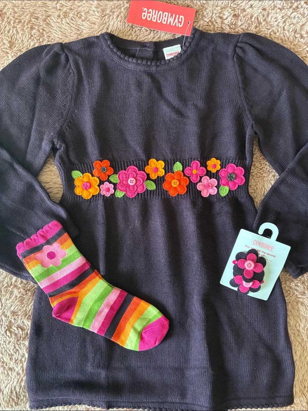 Gymboree Vintage 2009 Plum Dress with Bright Floral Applique, Hair and Socks